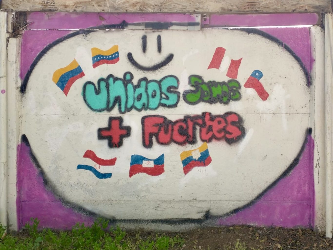 Graffiti mit Text "unidos somos más fuertes" und verschiedenen Flaggen.