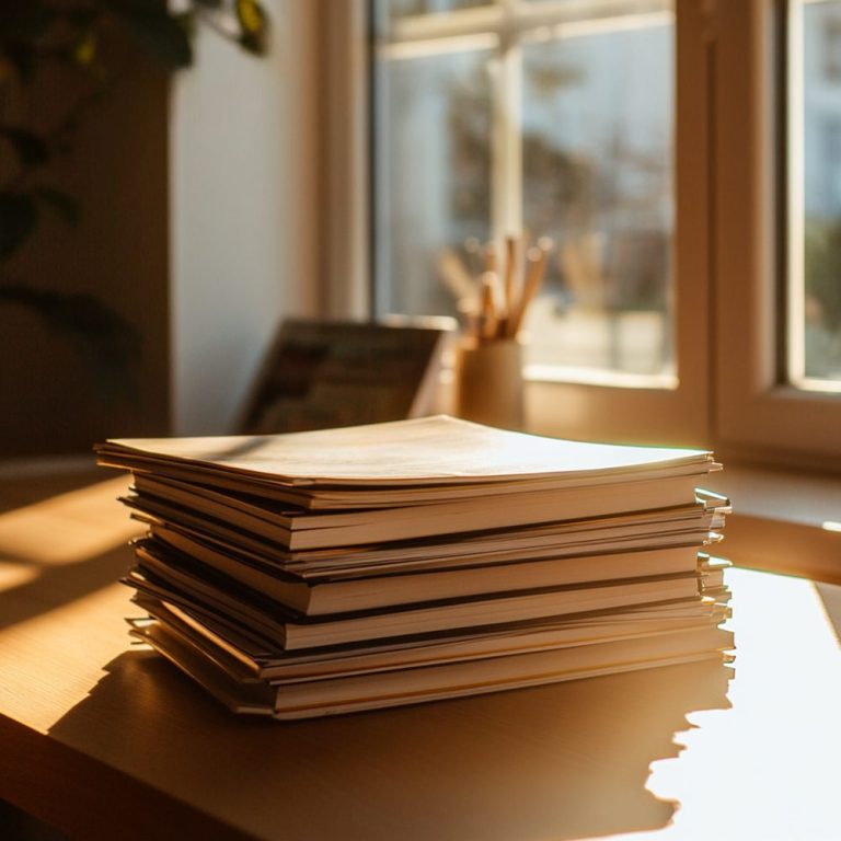 Stapel von Heften auf einem Tisch, Sonnenlicht fällt durch ein Fenster.