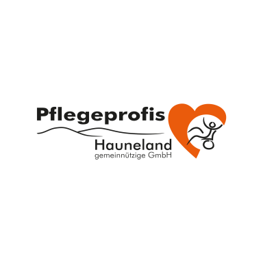 Logo der Pflegeprofis Hauneland mit Herzsymbol und stilisierter Person im Rollstuhl.